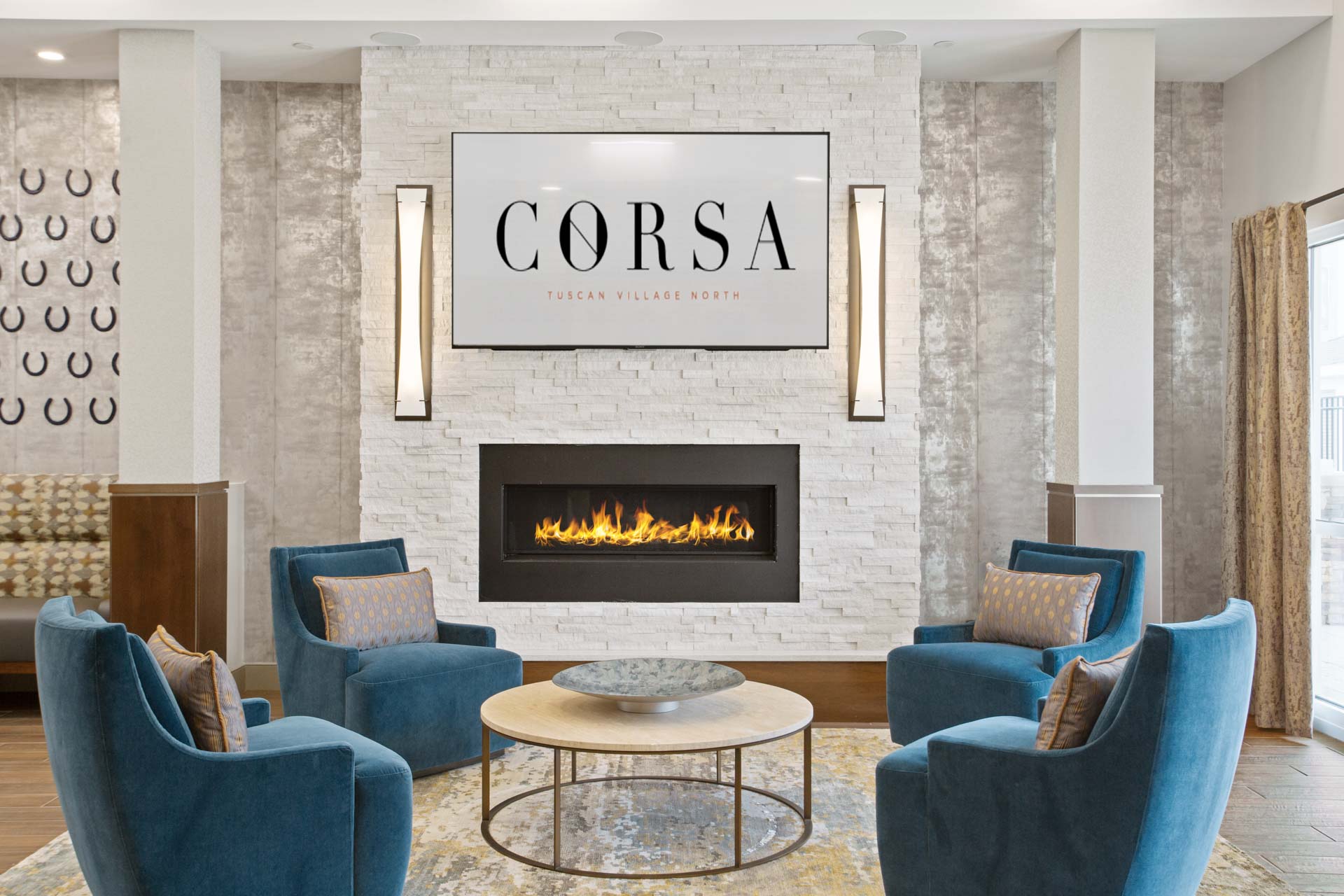 The lobby inside the Corsa Apartments in Salem, New Hampshire