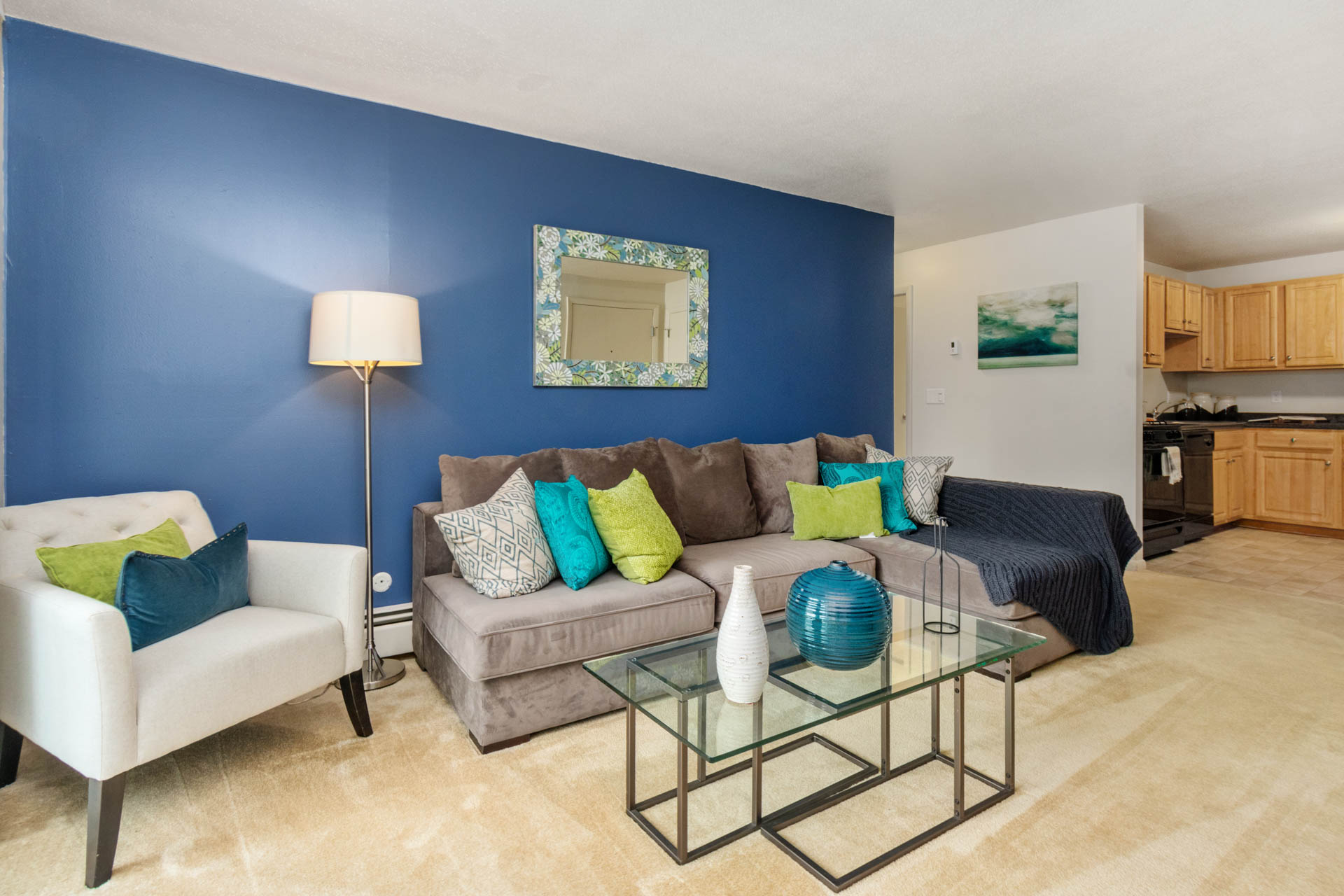 Spacious living room inside the Saunders Crossing apartments in Lawrence, MA